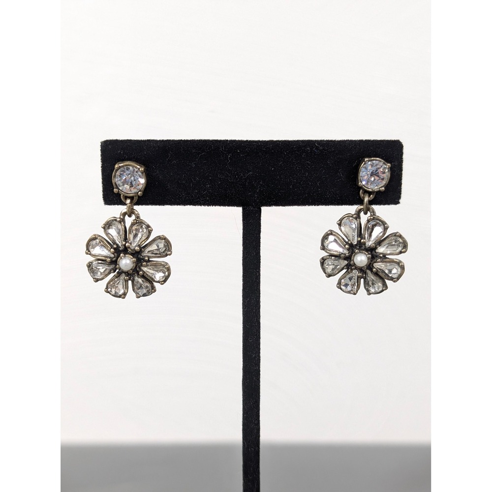 Antiqued Gold Tone Rhinestone Faux Pearl Flower Dangle Earrings